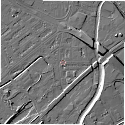 Shaded relief map of the ground around NG72LG, computed from Environment Agency LiDAR. The ground here sits at about 26 m above sea level and falls 13 m across the surrounding 800 m. Surface water reaching this point runs off ground lying to the north-north-west, 1.9 m higher.