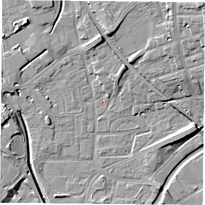 Shaded relief map of the ground around NG72LL, computed from Environment Agency LiDAR. The ground here sits at about 26 m above sea level and falls 14 m across the surrounding 800 m. Surface water reaching this point runs off ground lying to the north-north-east, 7.2 m higher.