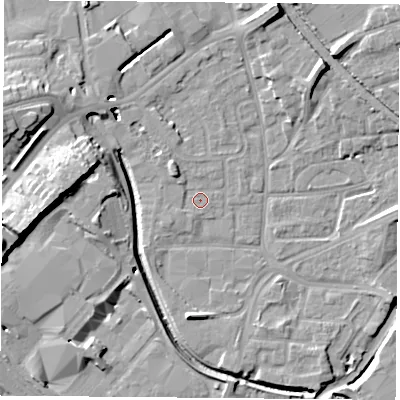 Shaded relief map of the ground around NG72LN, computed from Environment Agency LiDAR. The ground here sits at about 26 m above sea level and falls 17 m across the surrounding 800 m. Surface water reaching this point runs off ground lying to the north-west, 2.8 m higher.