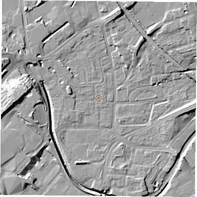 Shaded relief map of the ground around NG72LP, computed from Environment Agency LiDAR. The ground here sits at about 26 m above sea level and falls 17 m across the surrounding 800 m. Surface water reaching this point runs off ground lying to the north-north-east, 8.4 m higher.