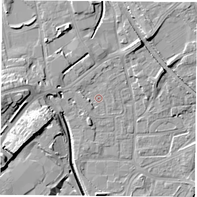 Shaded relief map of the ground around NG72LQ, computed from Environment Agency LiDAR. The ground here sits at about 26 m above sea level and falls 16 m across the surrounding 800 m. Surface water reaching this point runs off ground lying to the north-east, 8.4 m higher.