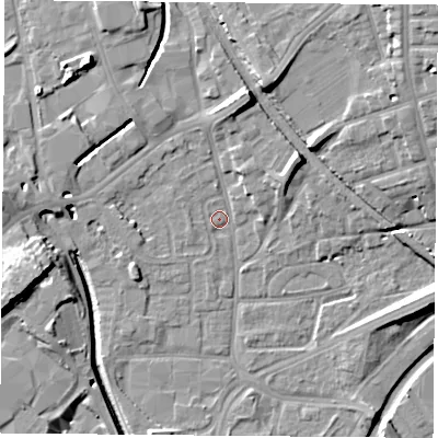 Shaded relief map of the ground around NG72LR, computed from Environment Agency LiDAR. The ground here sits at about 26 m above sea level and falls 15 m across the surrounding 800 m. Surface water reaching this point runs off ground lying to the north-north-east, 8.0 m higher.