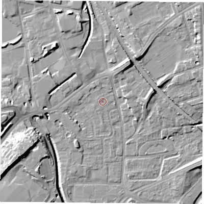 Shaded relief map of the ground around NG72LS, computed from Environment Agency LiDAR. The ground here sits at about 27 m above sea level and falls 15 m across the surrounding 800 m. The ground contributing surface water to this point lies to the north-north-west.