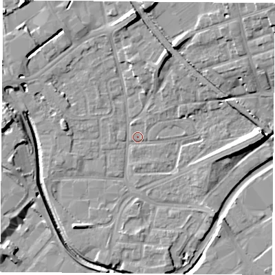 Shaded relief map of the ground around NG72LT, computed from Environment Agency LiDAR. The ground here sits at about 26 m above sea level and falls 14 m across the surrounding 800 m. Surface water reaching this point runs off ground lying to the north, 9.1 m higher.