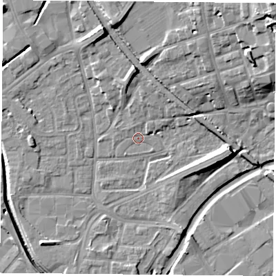 Shaded relief map of the ground around NG72LU, computed from Environment Agency LiDAR. The ground here sits at about 26 m above sea level and falls 17 m across the surrounding 800 m. Surface water reaching this point runs off ground lying to the south-west, 0.6 m higher.
