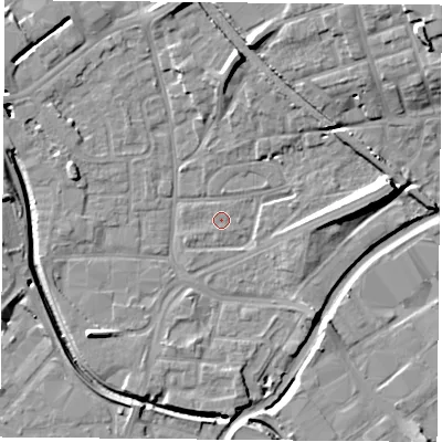 Shaded relief map of the ground around NG72LW, computed from Environment Agency LiDAR. The ground here sits at about 26 m above sea level and falls 12 m across the surrounding 800 m. Surface water reaching this point runs off ground lying to the west-south-west, 1.3 m higher.