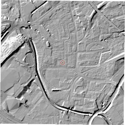 Shaded relief map of the ground around NG72LX, computed from Environment Agency LiDAR. The ground here sits at about 26 m above sea level and falls 17 m across the surrounding 800 m. Surface water reaching this point runs off ground lying to the west-north-west, 1.1 m higher.