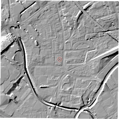 Shaded relief map of the ground around NG72NB, computed from Environment Agency LiDAR. The ground here sits at about 26 m above sea level and falls 15 m across the surrounding 800 m. Surface water reaching this point runs off ground lying to the south-west, 5.5 m higher.