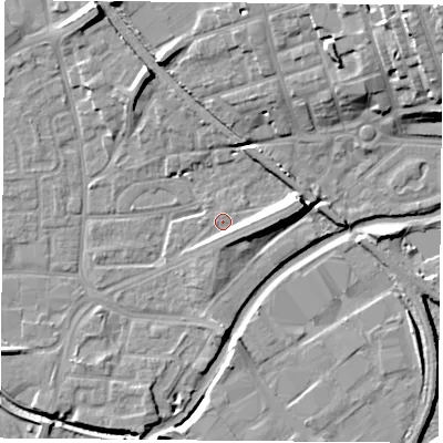 Shaded relief map of the ground around NG72NF, computed from Environment Agency LiDAR. The ground here sits at about 26 m above sea level and falls 21 m across the surrounding 800 m. Surface water reaching this point runs off ground lying to the east, 4.9 m higher.