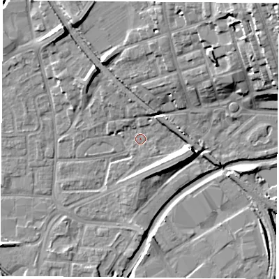 Shaded relief map of the ground around NG72NG, computed from Environment Agency LiDAR. The ground here sits at about 26 m above sea level and falls 24 m across the surrounding 800 m. Surface water reaching this point runs off ground lying to the east-south-east, 8.5 m higher.