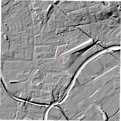 Shaded relief map of the ground around NG72NH, computed from Environment Agency LiDAR. The ground here sits at about 26 m above sea level and falls 14 m across the surrounding 800 m. Surface water reaching this point runs off ground lying to the east-north-east, 8.1 m higher.
