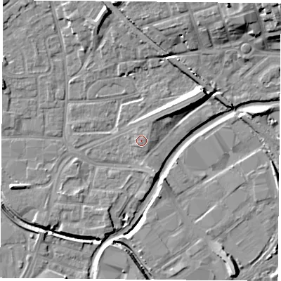 Shaded relief map of the ground around NG72NJ, computed from Environment Agency LiDAR. The ground here sits at about 27 m above sea level and falls 16 m across the surrounding 800 m. Surface water reaching this point runs off ground lying to the north-north-east, 0.8 m higher.
