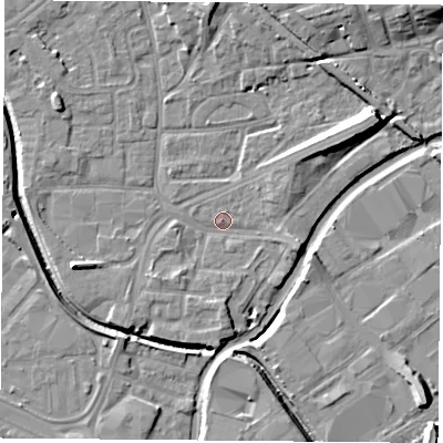 Shaded relief map of the ground around NG72NL, computed from Environment Agency LiDAR. The ground here sits at about 26 m above sea level and falls 11 m across the surrounding 800 m. Surface water reaching this point runs off ground lying to the north-east, 9.0 m higher.