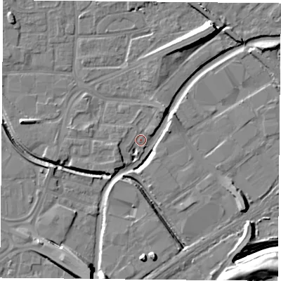 Shaded relief map of the ground around NG72NP, computed from Environment Agency LiDAR. The ground here sits at about 25 m above sea level and falls 14 m across the surrounding 800 m. Surface water reaching this point runs off ground lying to the south-south-west, 12.2 m higher.