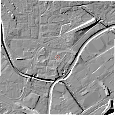 Shaded relief map of the ground around NG72NQ, computed from Environment Agency LiDAR. The ground here sits at about 25 m above sea level and falls 13 m across the surrounding 800 m. Surface water reaching this point runs off ground lying to the west-south-west, 2.1 m higher.