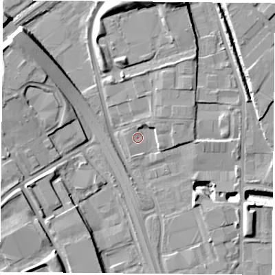 Shaded relief map of the ground around NG72NR, computed from Environment Agency LiDAR. The ground here sits at about 26 m above sea level and falls 14 m across the surrounding 800 m. Surface water reaching this point runs off ground lying to the north, 1.6 m higher.