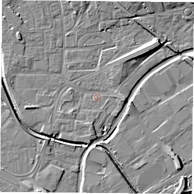 Shaded relief map of the ground around NG72NS, computed from Environment Agency LiDAR. The ground here sits at about 25 m above sea level and falls 12 m across the surrounding 800 m. Surface water reaching this point runs off ground lying to the west-south-west, 2.3 m higher.