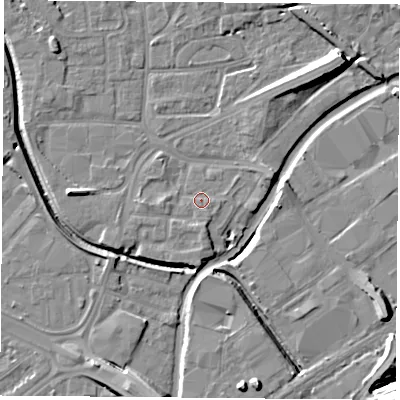 Shaded relief map of the ground around NG72NU, computed from Environment Agency LiDAR. The ground here sits at about 26 m above sea level and falls 12 m across the surrounding 800 m. Surface water reaching this point runs off ground lying to the west, 2.1 m higher.