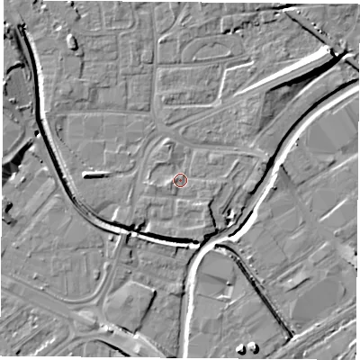Shaded relief map of the ground around NG72NW, computed from Environment Agency LiDAR. The ground here sits at about 26 m above sea level and falls 12 m across the surrounding 800 m. Surface water reaching this point runs off ground lying to the west-south-west, 2.3 m higher.