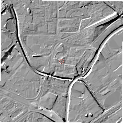 Shaded relief map of the ground around NG72NX, computed from Environment Agency LiDAR. The ground here sits at about 27 m above sea level and falls 14 m across the surrounding 800 m. Surface water reaching this point runs off ground lying to the west-north-west, 1.0 m higher.
