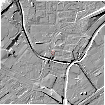 Shaded relief map of the ground around NG72NZ, computed from Environment Agency LiDAR. The ground here sits at about 27 m above sea level and falls 16 m across the surrounding 800 m. Surface water reaching this point runs off ground lying to the south-west, 1.2 m higher.
