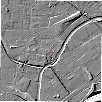 Shaded relief map of the ground around NG72PB, computed from Environment Agency LiDAR. The ground here sits at about 26 m above sea level and falls 13 m across the surrounding 800 m. Surface water reaching this point runs off ground lying to the north-east, 9.0 m higher.