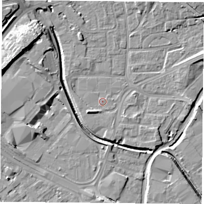 Shaded relief map of the ground around NG72PD, computed from Environment Agency LiDAR. The ground here sits at about 26 m above sea level and falls 17 m across the surrounding 800 m. Surface water reaching this point runs off ground lying to the south-west, 4.5 m higher.