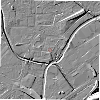 Shaded relief map of the ground around NG72PE, computed from Environment Agency LiDAR. The ground here sits at about 26 m above sea level and falls 13 m across the surrounding 800 m. Surface water reaching this point runs off ground lying to the south, 1.5 m higher.