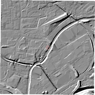 Shaded relief map of the ground around NG72PF, computed from Environment Agency LiDAR. The ground here sits at about 26 m above sea level and falls 13 m across the surrounding 800 m. Surface water reaching this point runs off ground lying to the north-north-east, 9.0 m higher.