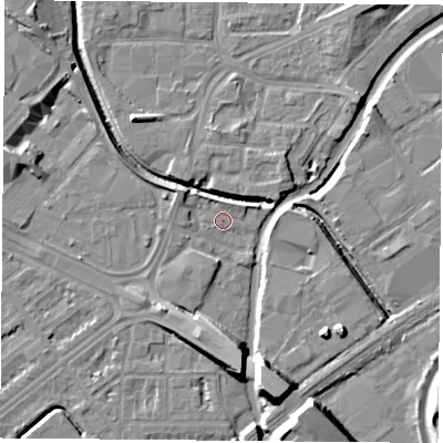 Shaded relief map of the ground around NG72PG, computed from Environment Agency LiDAR. The ground here sits at about 25 m above sea level and falls 13 m across the surrounding 800 m. Surface water reaching this point runs off ground lying to the north-west, 2.6 m higher.