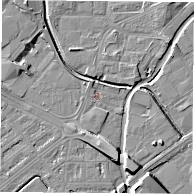 Shaded relief map of the ground around NG72PH, computed from Environment Agency LiDAR. The ground here sits at about 26 m above sea level and falls 13 m across the surrounding 800 m. Surface water reaching this point runs off ground lying to the north-west, 6.6 m higher.