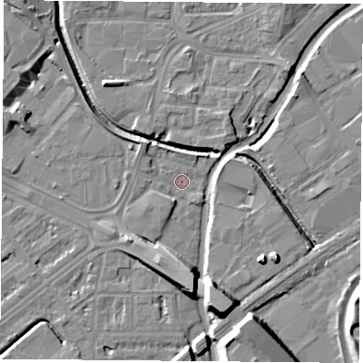 Shaded relief map of the ground around NG72PJ, computed from Environment Agency LiDAR. The ground here sits at about 25 m above sea level and falls 13 m across the surrounding 800 m. Surface water reaching this point runs off ground lying to the south-west, 4.4 m higher.