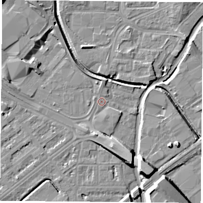 Shaded relief map of the ground around NG72PL, computed from Environment Agency LiDAR. The ground here sits at about 26 m above sea level and falls 16 m across the surrounding 800 m. Surface water reaching this point runs off ground lying to the north-west, 6.6 m higher.