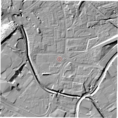 Shaded relief map of the ground around NG72PN, computed from Environment Agency LiDAR. The ground here sits at about 26 m above sea level and falls 16 m across the surrounding 800 m. Surface water reaching this point runs off ground lying to the south-west, 5.5 m higher.