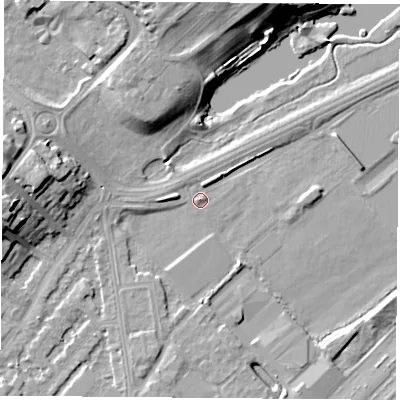 Shaded relief map of the ground around NG72PS, computed from Environment Agency LiDAR. The ground here sits at about 27 m above sea level and falls 15 m across the surrounding 800 m. Surface water reaching this point runs off ground lying to the north-north-east, 1.4 m higher.