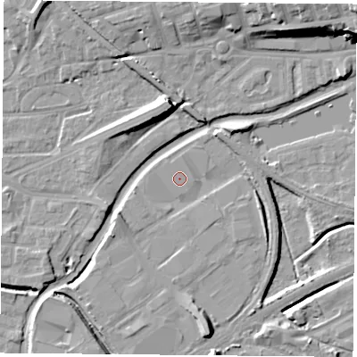 Shaded relief map of the ground around NG72PW, computed from Environment Agency LiDAR. The ground here sits at about 26 m above sea level and falls 19 m across the surrounding 800 m. The ground contributing surface water to this point lies to the north-north-west.