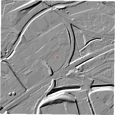 Shaded relief map of the ground around NG72PX, computed from Environment Agency LiDAR. The ground here sits at about 26 m above sea level and falls 14 m across the surrounding 800 m. Surface water reaching this point runs off ground lying to the north-west, 0.5 m higher.