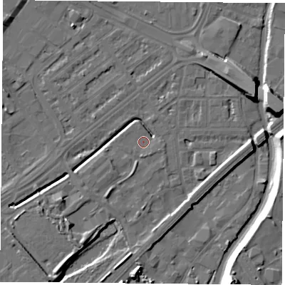 Shaded relief map of the ground around NG72PZ, computed from Environment Agency LiDAR. The ground here sits at about 26 m above sea level and falls 16 m across the surrounding 800 m. Surface water reaching this point runs off ground lying to the east-north-east, 9.7 m higher.