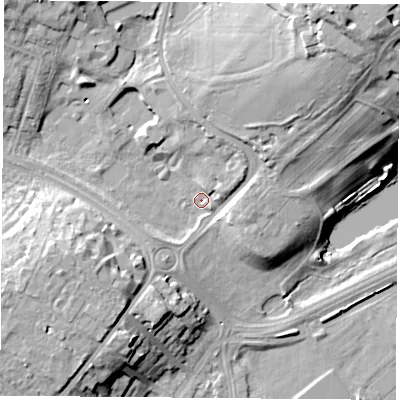 Shaded relief map of the ground around NG72QE, computed from Environment Agency LiDAR. The ground here sits at about 29 m above sea level and falls 30 m across the surrounding 800 m. Surface water reaching this point runs off ground lying to the north-east, 25.0 m higher.