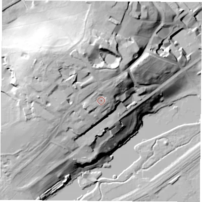 Shaded relief map of the ground around NG72QH, computed from Environment Agency LiDAR. The ground here sits at about 52 m above sea level and falls 39 m across the surrounding 800 m. Surface water reaching this point runs off ground lying to the north-north-west, 11.0 m higher.