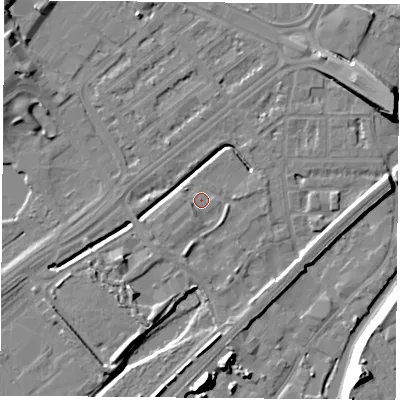 Shaded relief map of the ground around NG72QJ, computed from Environment Agency LiDAR. The ground here sits at about 26 m above sea level and falls 16 m across the surrounding 800 m. Surface water reaching this point runs off ground lying to the south-south-west, 4.1 m higher.