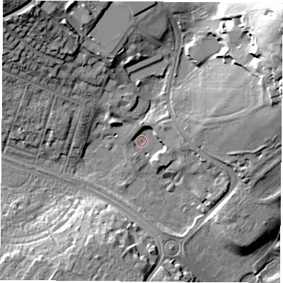 Shaded relief map of the ground around NG72QL, computed from Environment Agency LiDAR. The ground here sits at about 30 m above sea level and falls 30 m across the surrounding 800 m. Surface water reaching this point runs off ground lying to the east, 5.7 m higher.