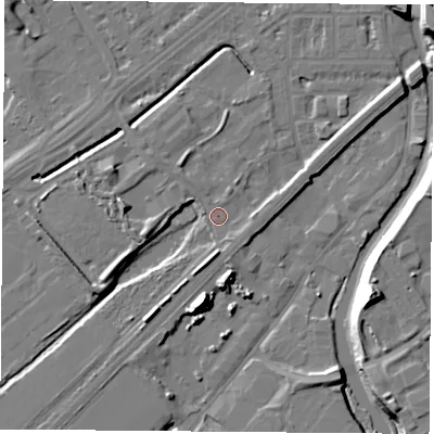 Shaded relief map of the ground around NG72QN, computed from Environment Agency LiDAR. The ground here sits at about 26 m above sea level and falls 16 m across the surrounding 800 m. Surface water reaching this point runs off ground lying to the west, 4.1 m higher.