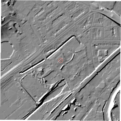 Shaded relief map of the ground around NG72QP, computed from Environment Agency LiDAR. The ground here sits at about 27 m above sea level and falls 16 m across the surrounding 800 m. Surface water reaching this point runs off ground lying to the south-west, 0.9 m higher.