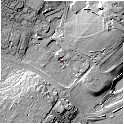 Shaded relief map of the ground around NG72QR, computed from Environment Agency LiDAR. The ground here sits at about 29 m above sea level and falls 32 m across the surrounding 800 m. Surface water reaching this point runs off ground lying to the north-east, 28.5 m higher.