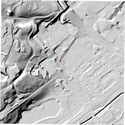Shaded relief map of the ground around NG72RD, computed from Environment Agency LiDAR. The ground here sits at about 26 m above sea level and falls 37 m across the surrounding 800 m. Surface water reaching this point runs off ground lying to the west, 31.1 m higher.