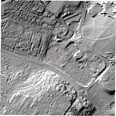 Shaded relief map of the ground around NG72RE, computed from Environment Agency LiDAR. The ground here sits at about 29 m above sea level and falls 22 m across the surrounding 800 m. Surface water reaching this point runs off ground lying to the north-east, 19.2 m higher.