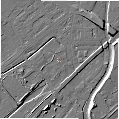 Shaded relief map of the ground around NG72RF, computed from Environment Agency LiDAR. The ground here sits at about 26 m above sea level and falls 16 m across the surrounding 800 m. Surface water reaching this point runs off ground lying to the north-east, 9.7 m higher.