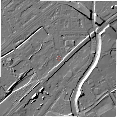 Shaded relief map of the ground around NG72RG, computed from Environment Agency LiDAR. The ground here sits at about 25 m above sea level and falls 16 m across the surrounding 800 m. Surface water reaching this point runs off ground lying to the east-north-east, 3.3 m higher.