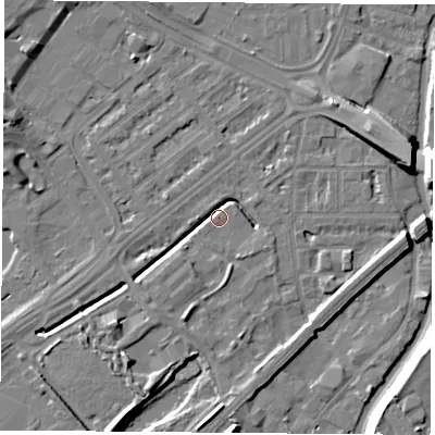 Shaded relief map of the ground around NG72RH, computed from Environment Agency LiDAR. The ground here sits at about 26 m above sea level and falls 11 m across the surrounding 800 m. Surface water reaching this point runs off ground lying to the south-south-west, 4.1 m higher.